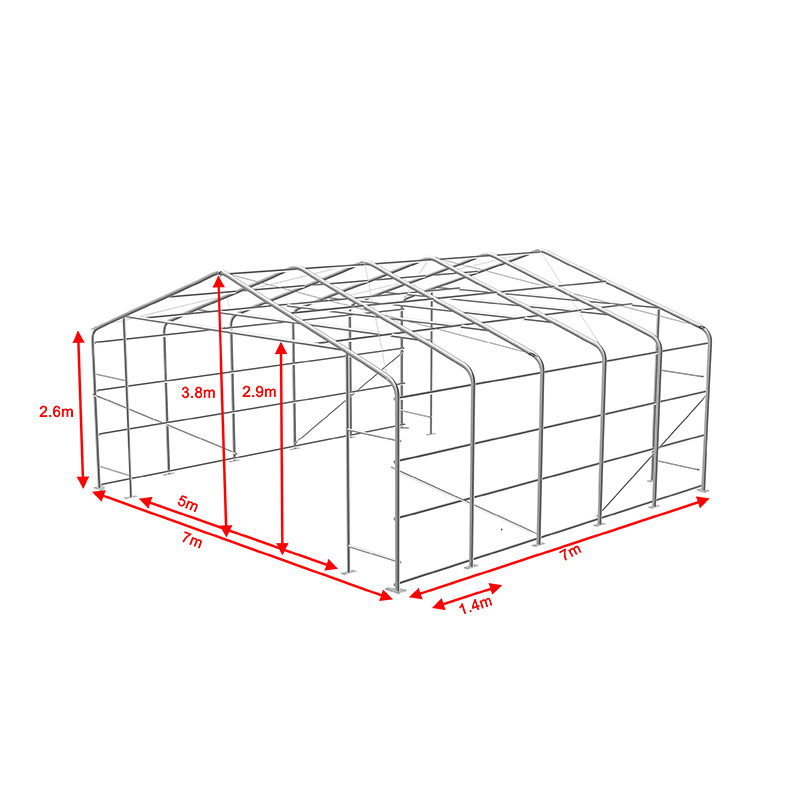 7x7 2,6 m oldalmagasságú ipari és kereskedelmi raktári árnyékoló sátor hordozható sátorterem